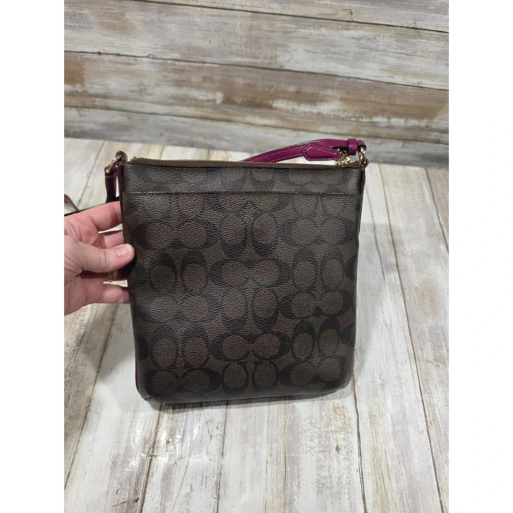 Coach North South Crossbody Bag Signature Canvas‎ Brown Magenta  File Purse